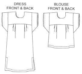 Flat line drawings of front and back views of old Mexico dress and blouse.