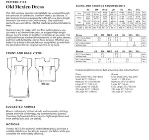 Photo of back of pattern cover.  Cover shows description of pattern, views, fabric suggestions, and size and yardage charts.