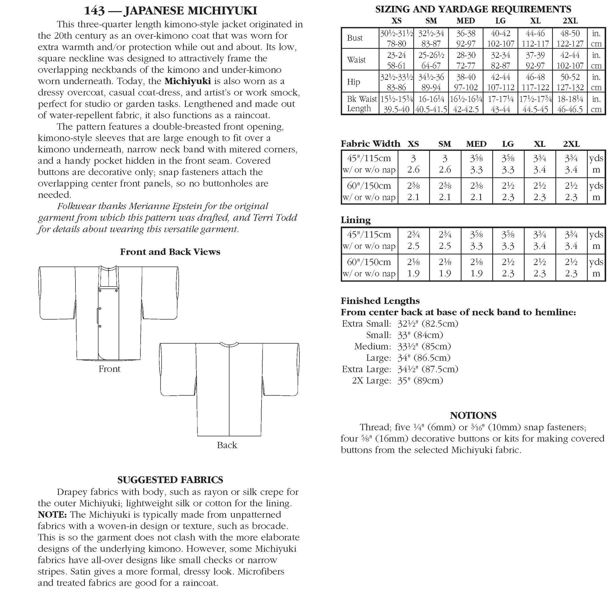 Photo of back of pattern cover.  Cover shows description of pattern, views, fabric suggestions, and size and yardage charts.