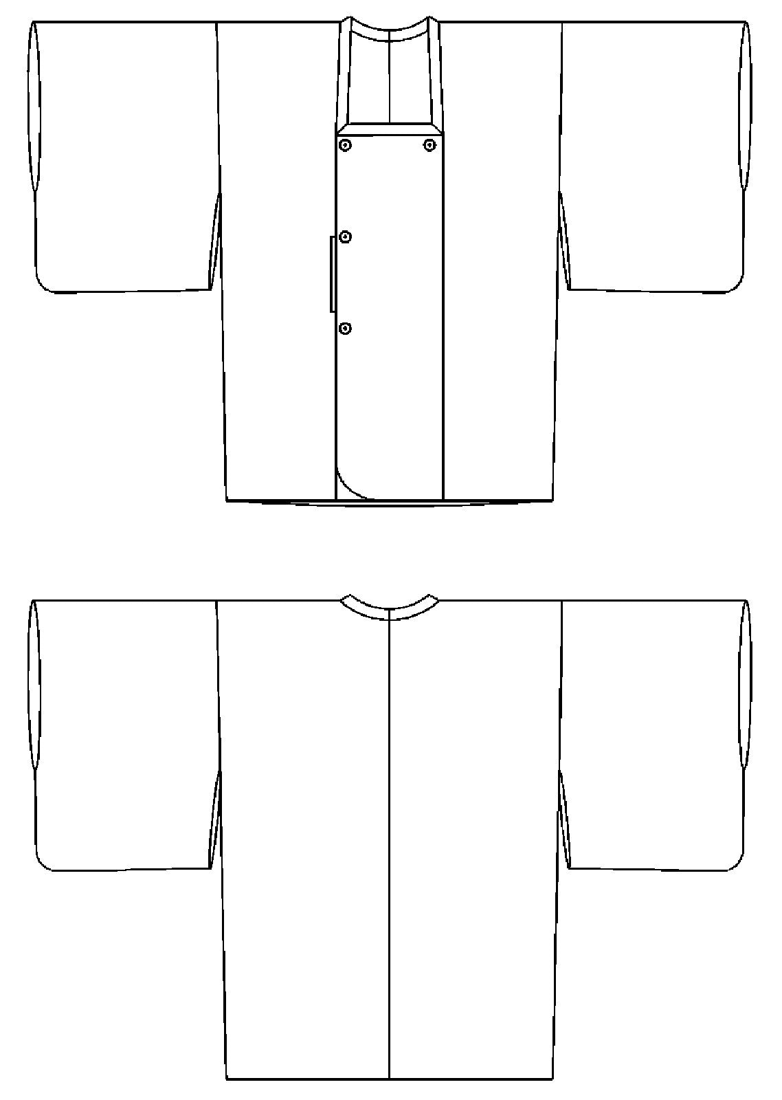 Flat line drawings of front and back views of michiyuki jacket.