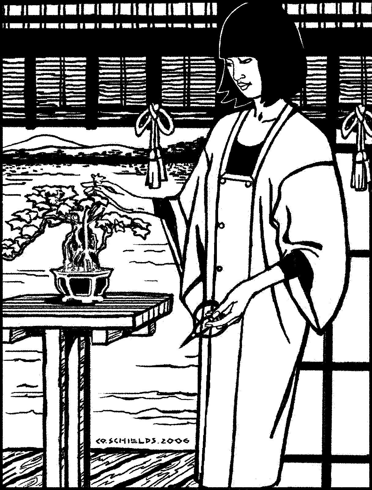 Black and white pen and ink drawing by artist Gretchen Shields.  Woman wearing Japanese Michiyuki tending to a bonsai tree.  Woman holds scissors in one hand and is touching tree with the other.