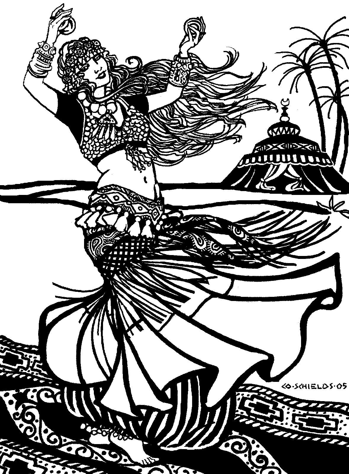 Black and white pen and ink drawing by artist Gretchen Schields.  Woman dancing in tribal style bellydance ensemble .  Woman holds cymbals in her hands and is standing on an ornate rug. 