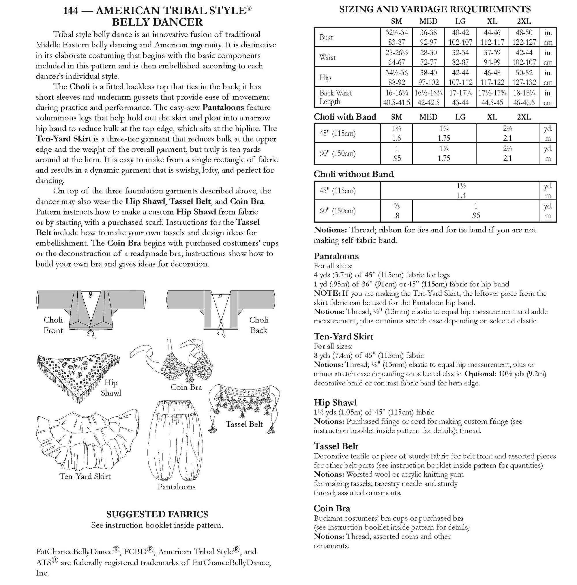 Photo of back of pattern cover.  Cover shows description of pattern, views, fabric suggestions, and size and yardage charts.