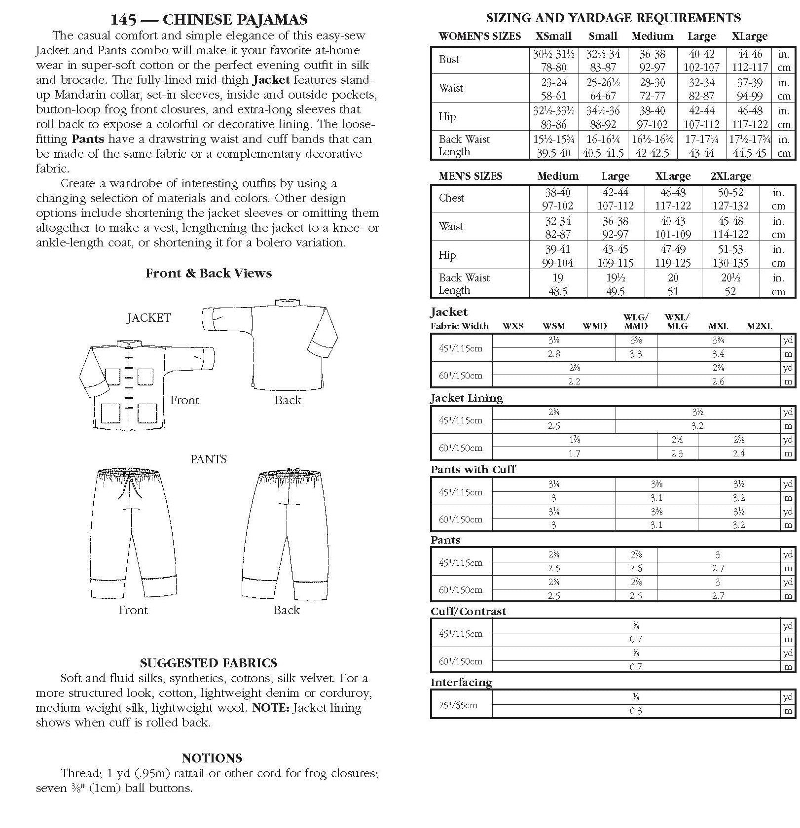 Photo of back cover shows size and yardage chart.  Includes fabric suggestions and description.