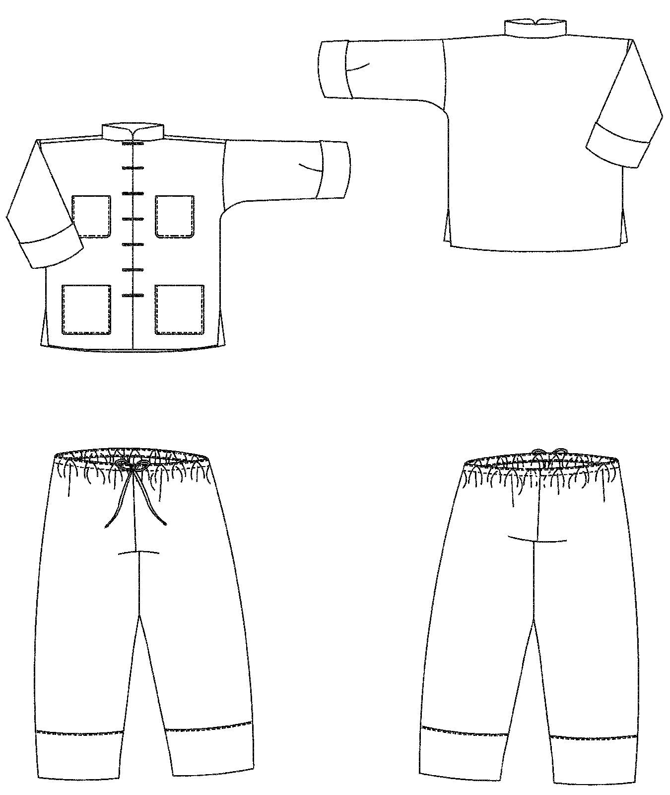 Flat line black and white drawings of front and back view of 145 Chinese Pajamas, jacket and pants.