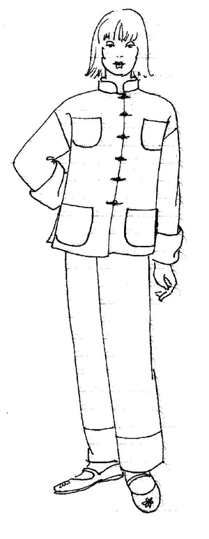 Black and white drawing of woman wearing the 145 Chinese Pajamas jacket and pants. 