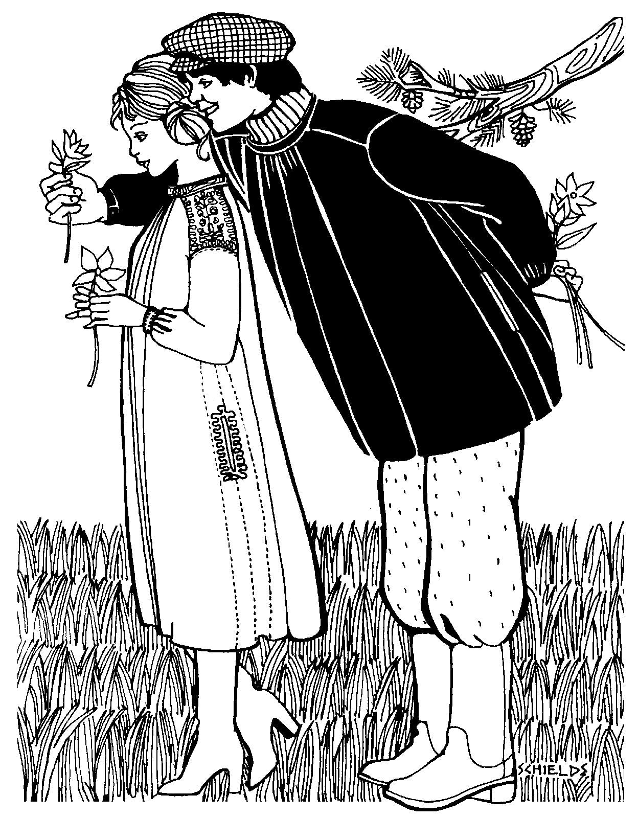 Black and white pen and ink drawing by artist Gretchen Shields. A man standing behind a women giver her flowers wearing the 148 Black Forest Smock.
