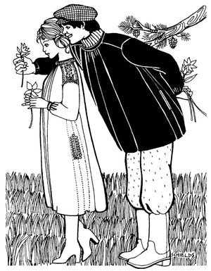 Black and white pen and ink drawing by artist Gretchen Shields. A man standing behind a women giver her flowers wearing the 148 Black Forest Smock.