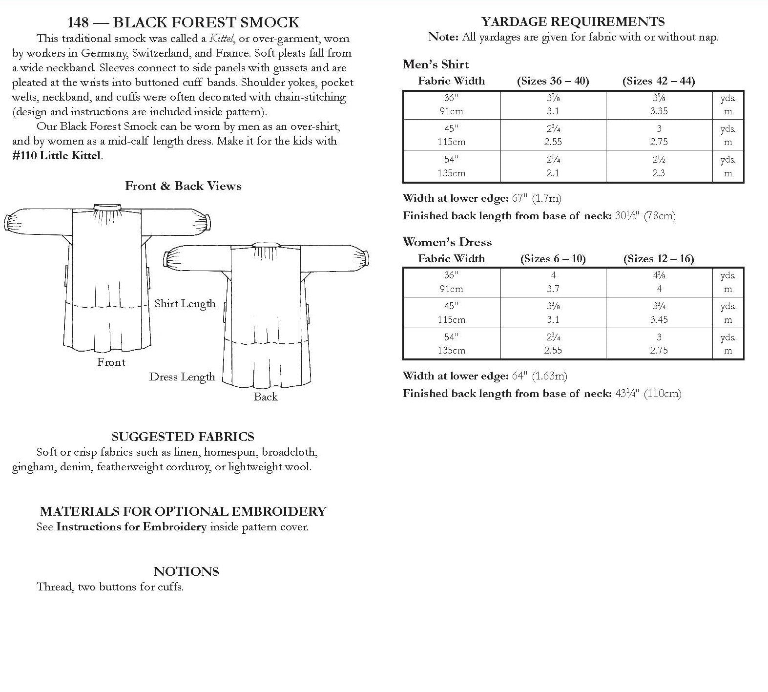 Photo of back cover shows size and yardage chart.  Includes fabric suggestions and description.