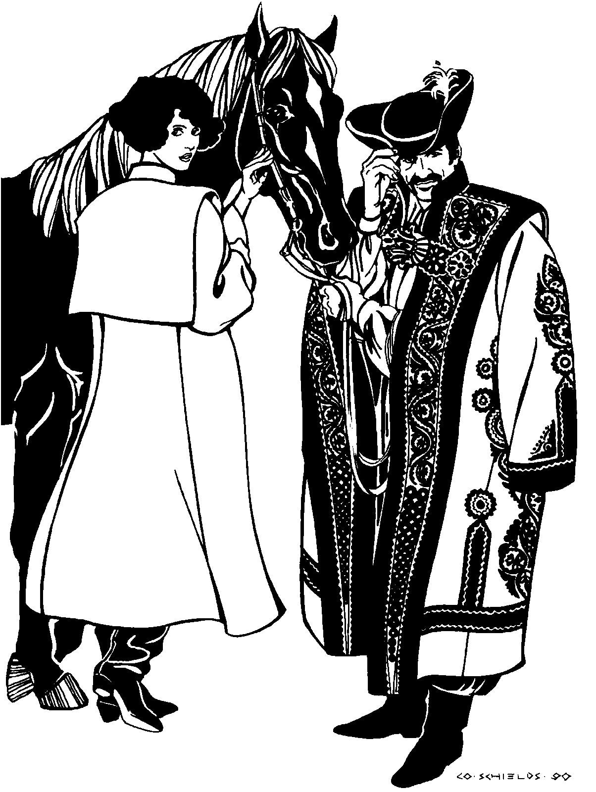 Black and white pen and ink drawing by artist Gretchen Schields. Man and woman wearing Hungarian Szur.  Woman is wearing simple contemporary version with her back turned showing collar flap.  Man is wearing ornate traditional version with front buckle closure and cutwork applique.