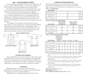 Photo of back of pattern cover.  Cover shows description of pattern, views, fabric suggestions, and size and yardage charts.