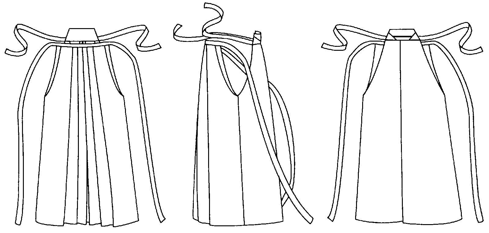 Flat line drawings of front side and back views of pants