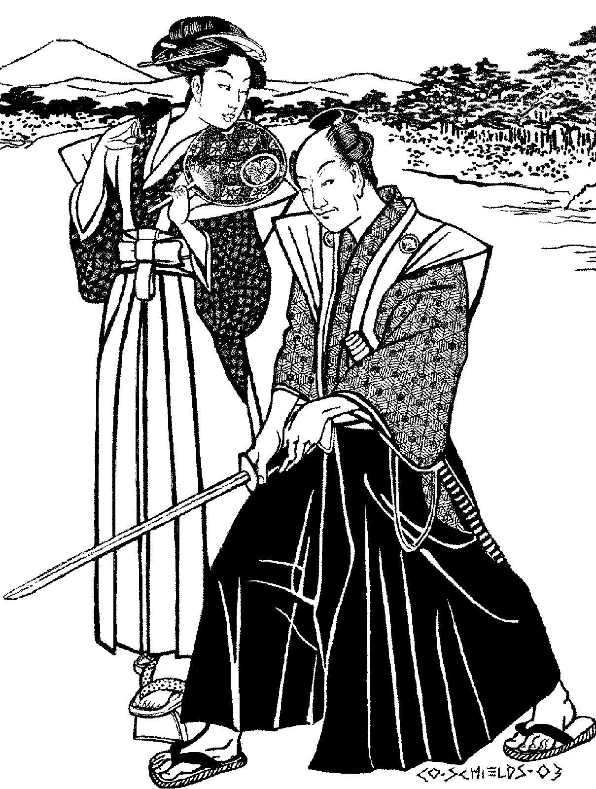 Black and white pen and ink drawing by artist Gretchen Schields.  Woman and man wearing traditional Hakama and Kataginu.  Man stands in foreground with a sword in his hands.  