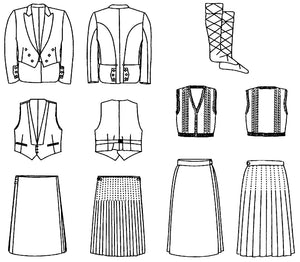 Flat line drawings of all parts of pattern front and back views.