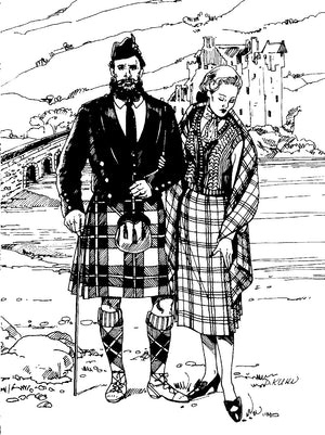 Black and white pen and ink drawing by artist D Kuhn.  Man and woman standing arm and arm wearing traditional kilts.  In the background is a castle and loche.
