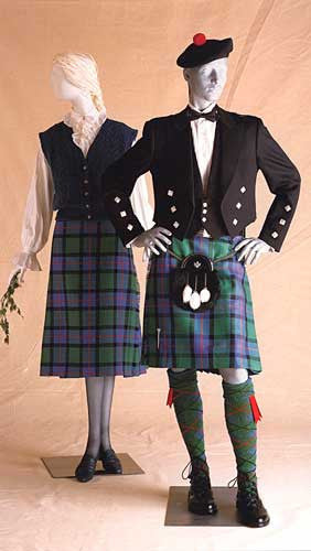 photo of two men and womens Scottish kilt and full dress on mannequins  