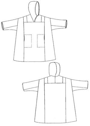 FLat line drawings of front and back views of Siberian Parka