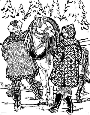 Black and white pen and ink drawing by artist Gretchen Schields. Man and woman with horse in snowy forest setting.  Man stands to the left of the horse and faces forward.  Woman is to the right of horse and has back of parka shown in drawing.