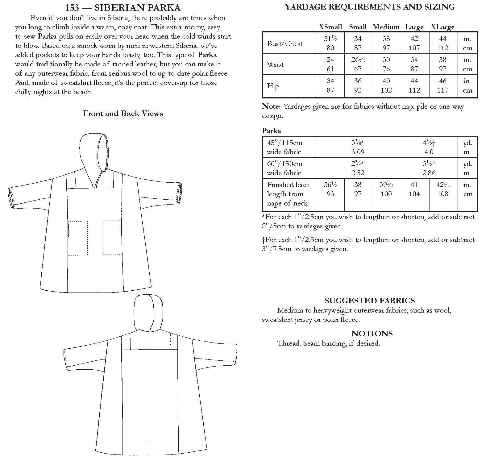 Photo of back of pattern cover.  Cover shows description of pattern, views, fabric suggestions, and size and yardage charts.