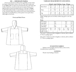 Photo of back of pattern cover.  Cover shows description of pattern, views, fabric suggestions, and size and yardage charts.