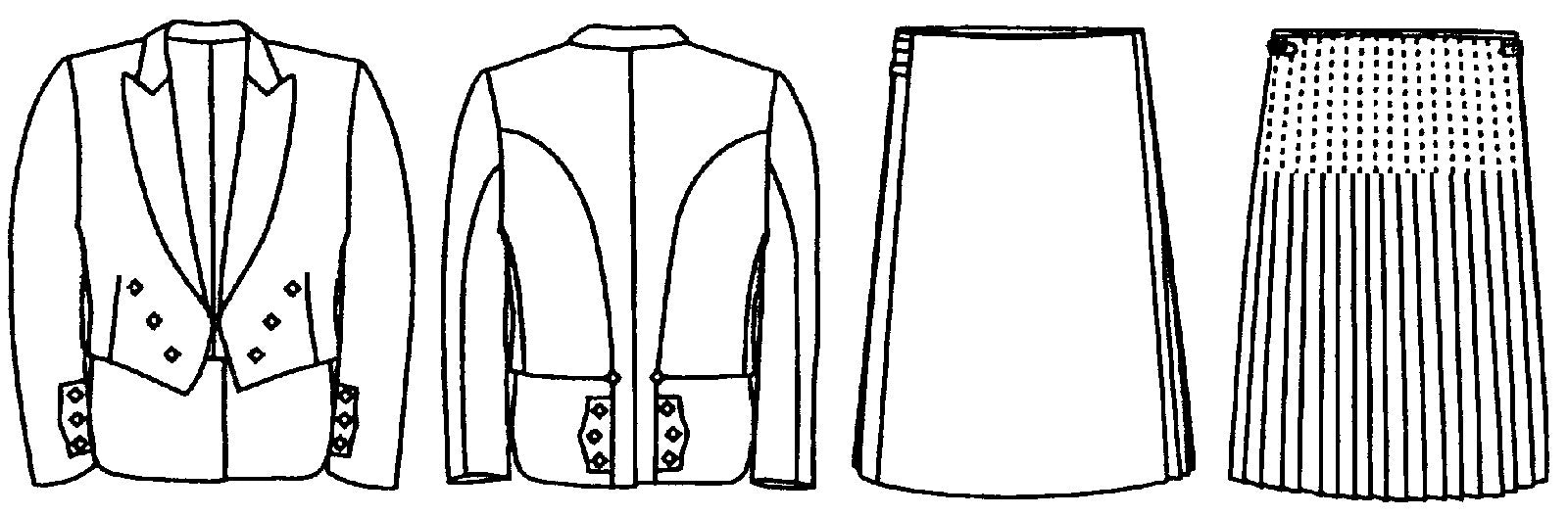 Flat line drawings of front and back views of Prince Charlie Jacket and Kilt
