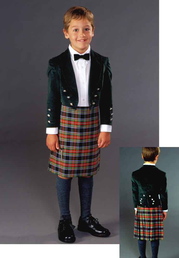 Photo of young boy wearing full Kilt ensemble.  photo shows front and back view of outfit.