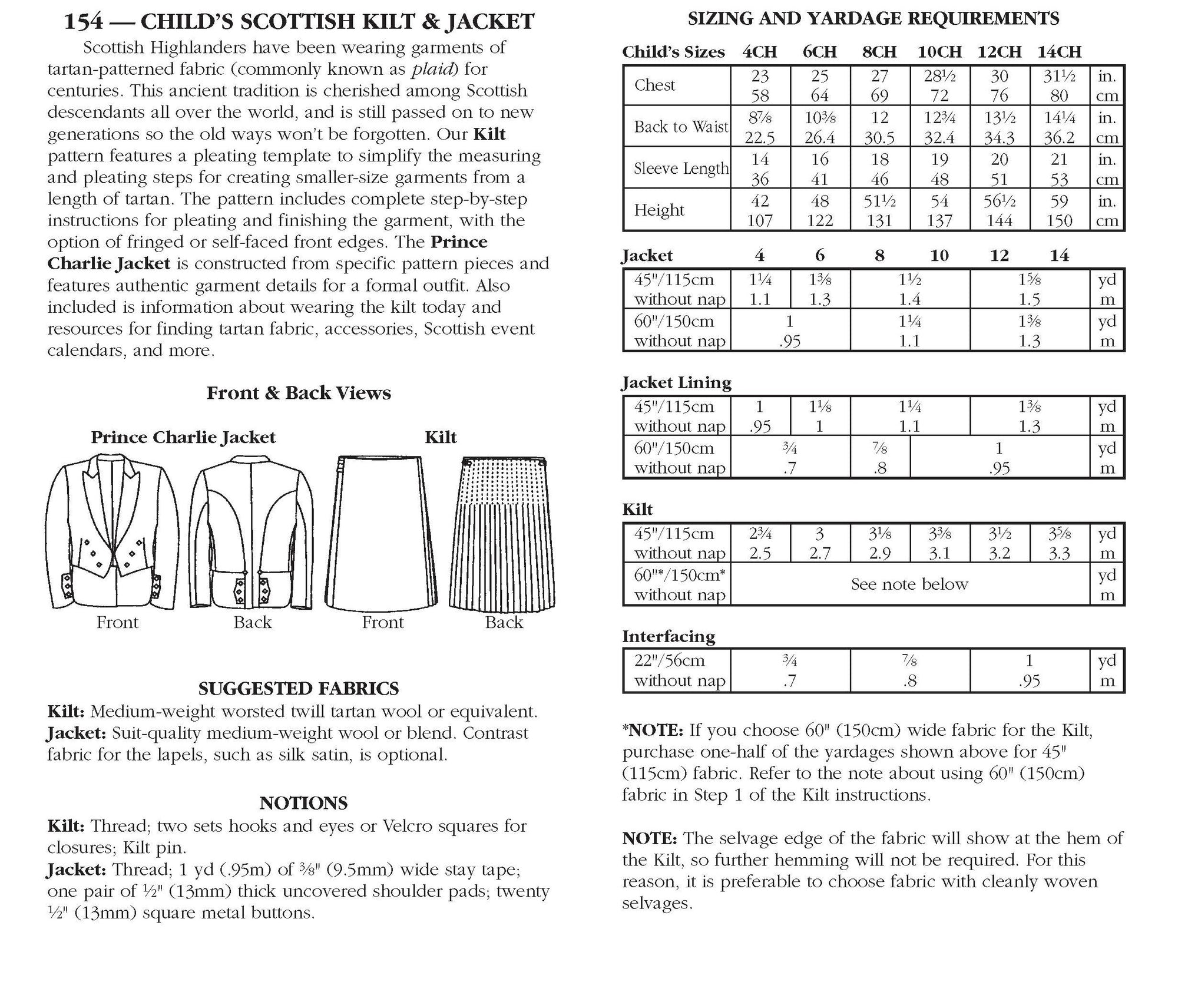 Photo of back of pattern cover. Cover shows description of pattern, views, fabric suggestions, and size and yardage charts.