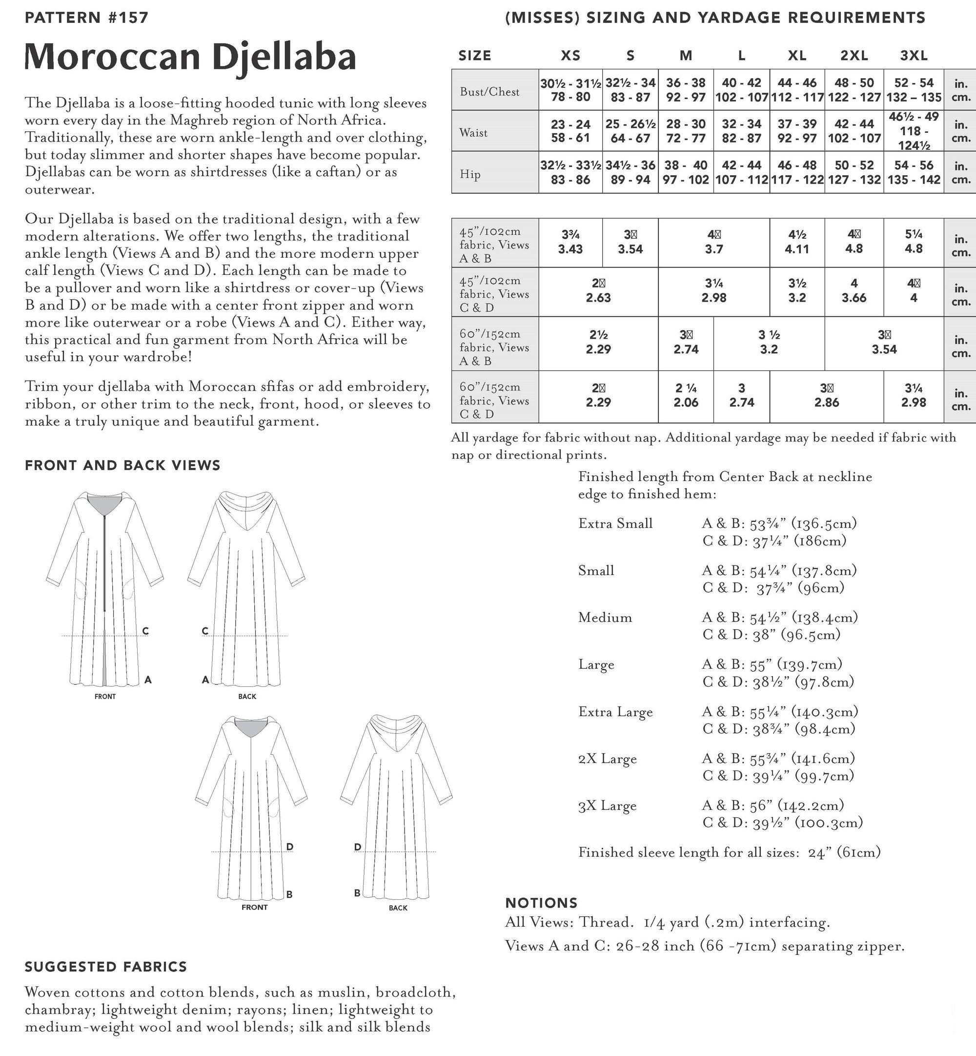 back of pattern envelope with description, line drawings, fabric suggestions, and sizing chart