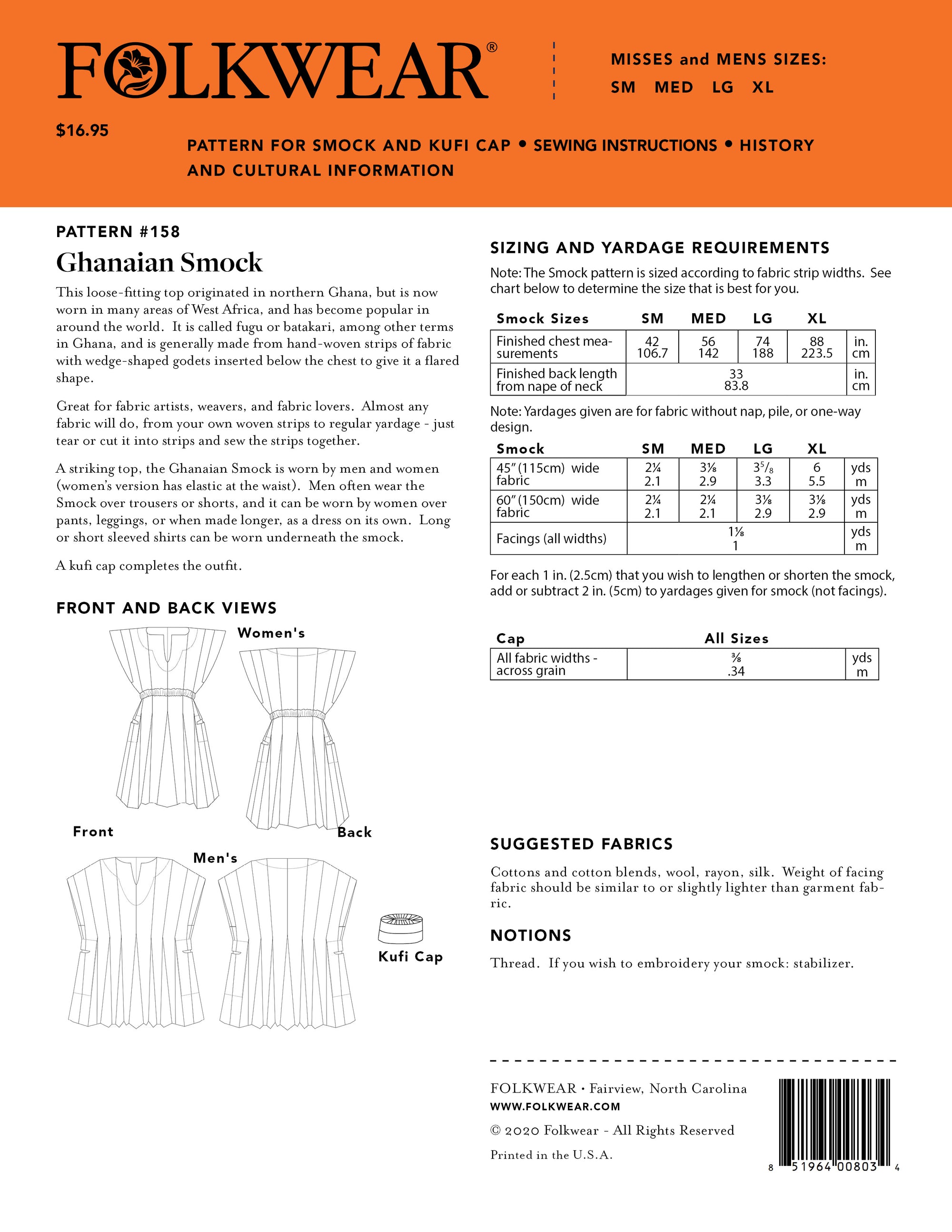 Photo of back cover shows size and yardage chart.  Includes fabric suggestions and description.