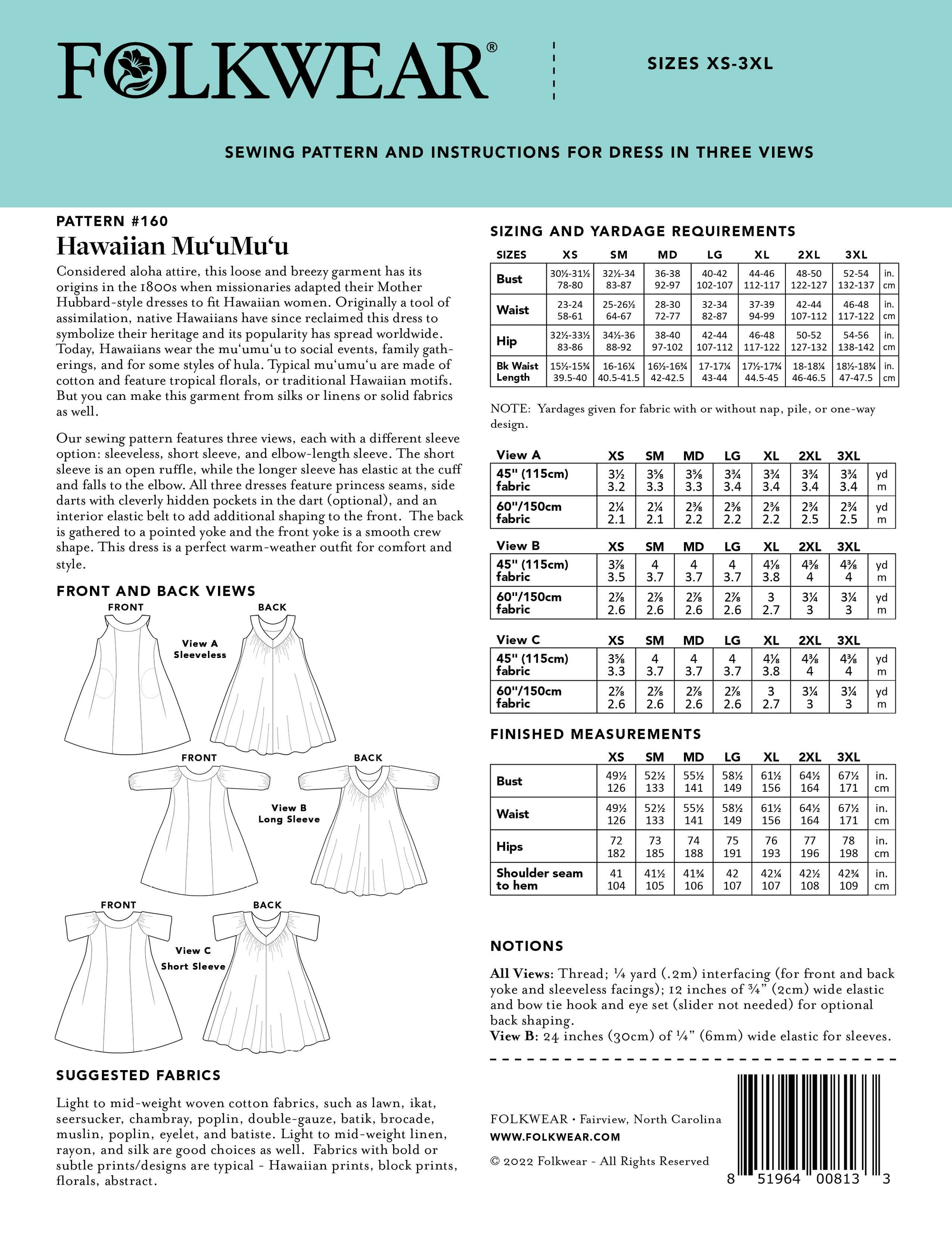 Back cover of the pattern with line drawings, sizing charts, fabric suggestions, and notions.