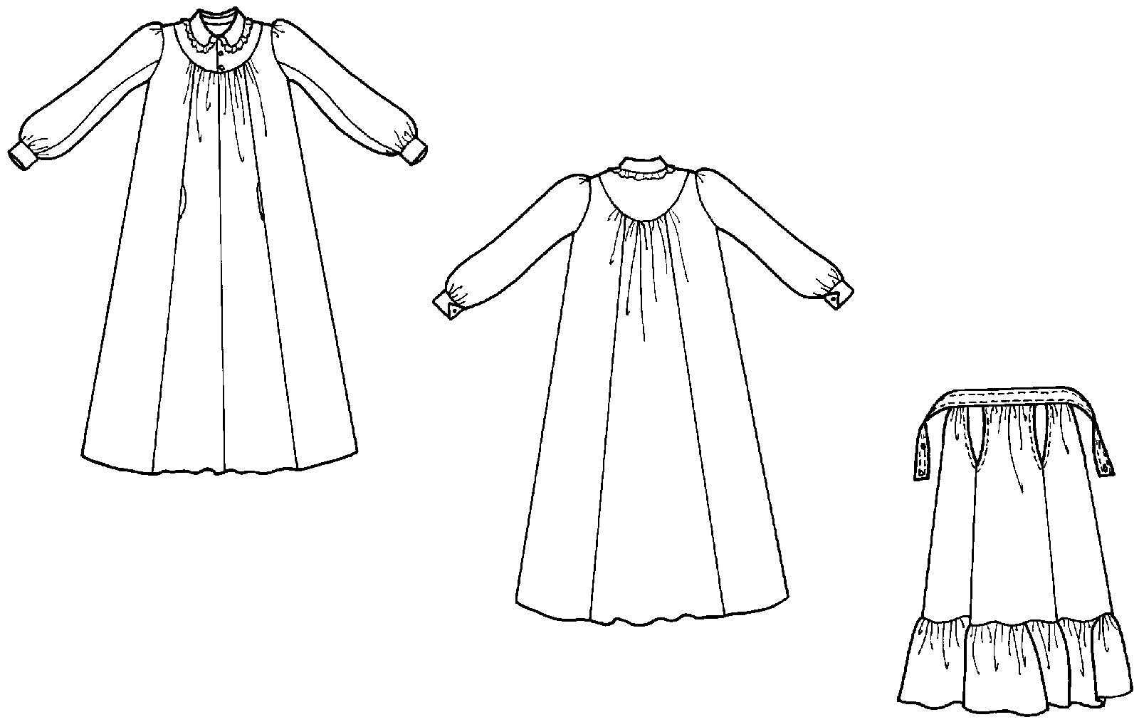 Flat line drawings of front and back view of Prairie Dress and apron