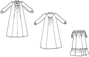 Flat line drawings of front and back view of Prairie Dress and apron