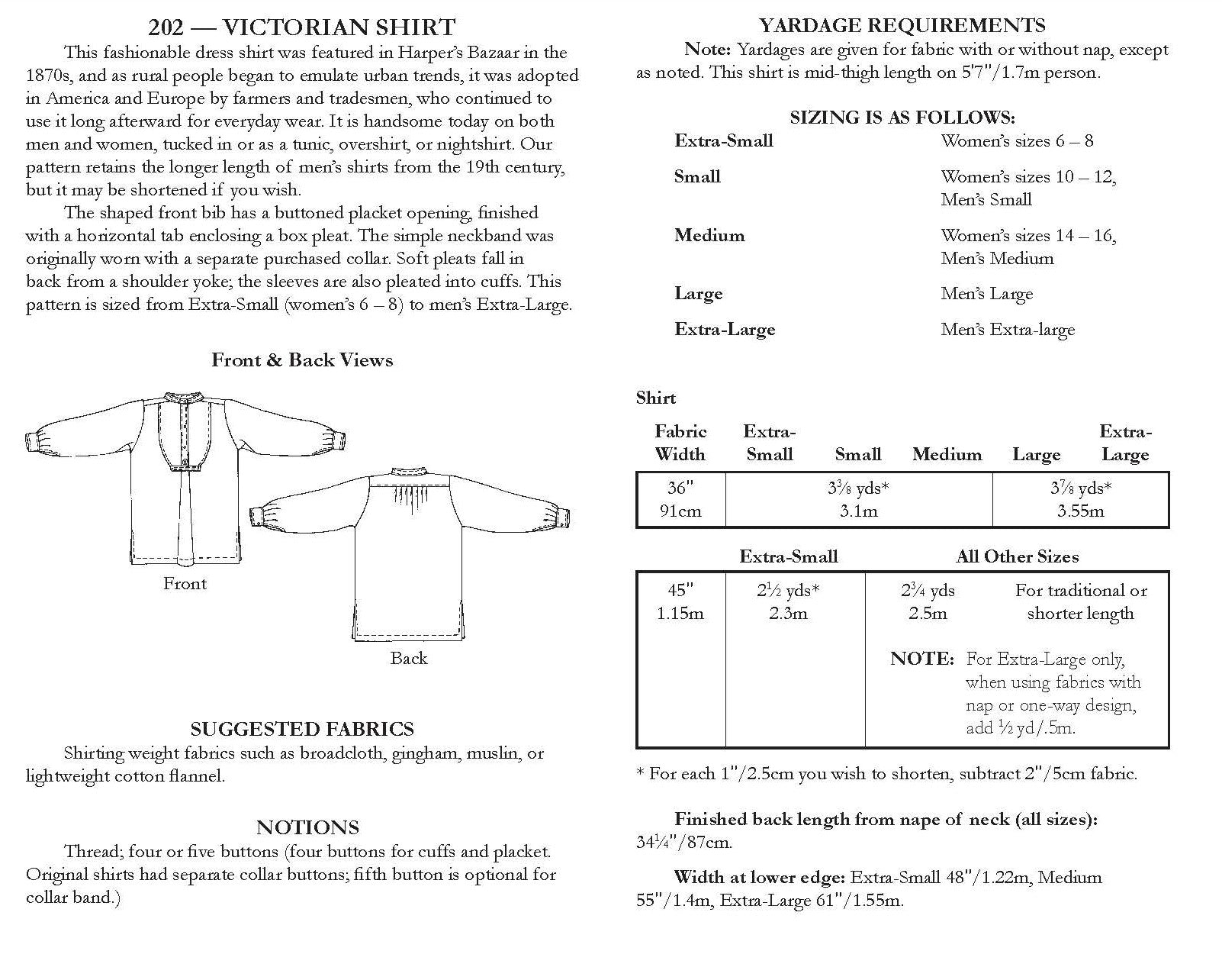 Photo of back of pattern cover. Cover shows description of pattern, views, fabric suggestions, and size and yardage charts.