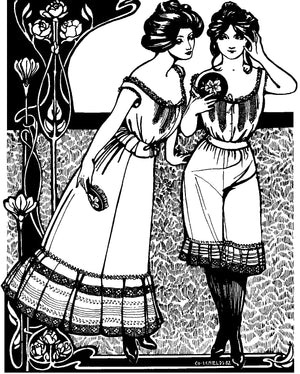 Black and white pen and ink drawing by artist Gretchen Schields.  Two women standing side by side in Edwardian underthings.  Woman on the left wears a camisole and petticoat and the woman on the right wears a camisole and drawers.  One holds a mirror and the other holds a brush. 