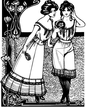 Black and white pen and ink drawing by artist Gretchen Schields.  Two women standing side by side in Edwardian underthings.  Woman on the left wears a camisole and petticoat and the woman on the right wears a camisole and drawers.  One holds a mirror and the other holds a brush. 