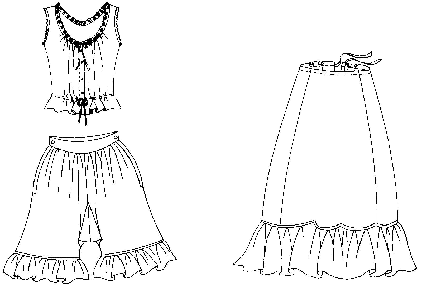 Flat line drawing of camisole, petticoat, and drawers.