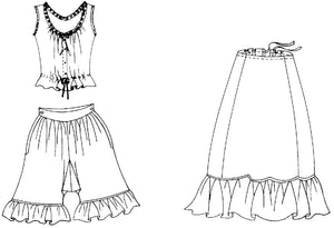 Flat line drawing of camisole, petticoat, and drawers.