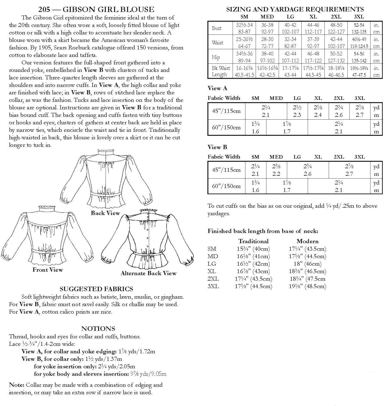Photo of back of pattern cover. Cover shows description of pattern, views, fabric suggestions, and size and yardage charts.