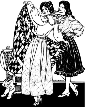 Black and white pen and ink drawing by Gretchen Schields. Two women wearing 206 Quilted Prairie Skirt pulling a quilted cloth out of a chest.