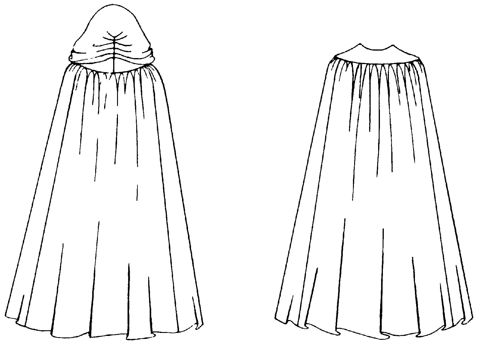Black and white flat-line drawing of back with hood up and back without hood.