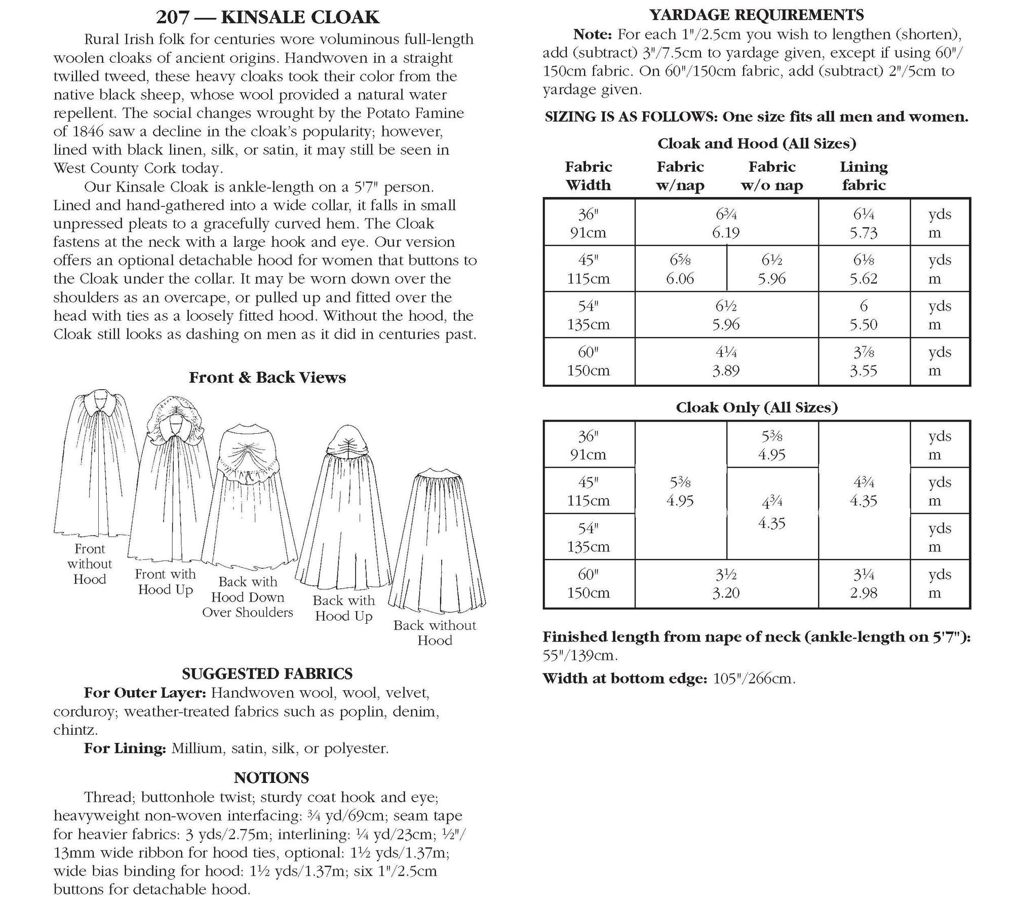 Photo of back cover showing yardage charts and size chart.  Fabric suggestions are included.
