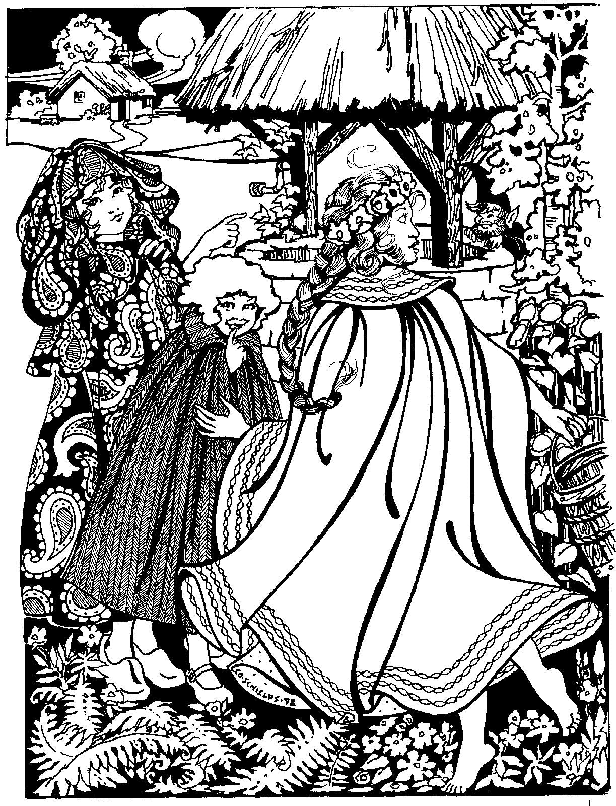 Black and white pen and ink drawing of three children surrounded by shrubs in a village wearing 208 Kinsale Cloak for Young Maidens.