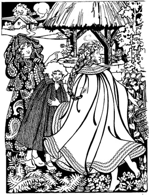 Black and white pen and ink drawing of three children surrounded by shrubs in a village wearing 208 Kinsale Cloak for Young Maidens.
