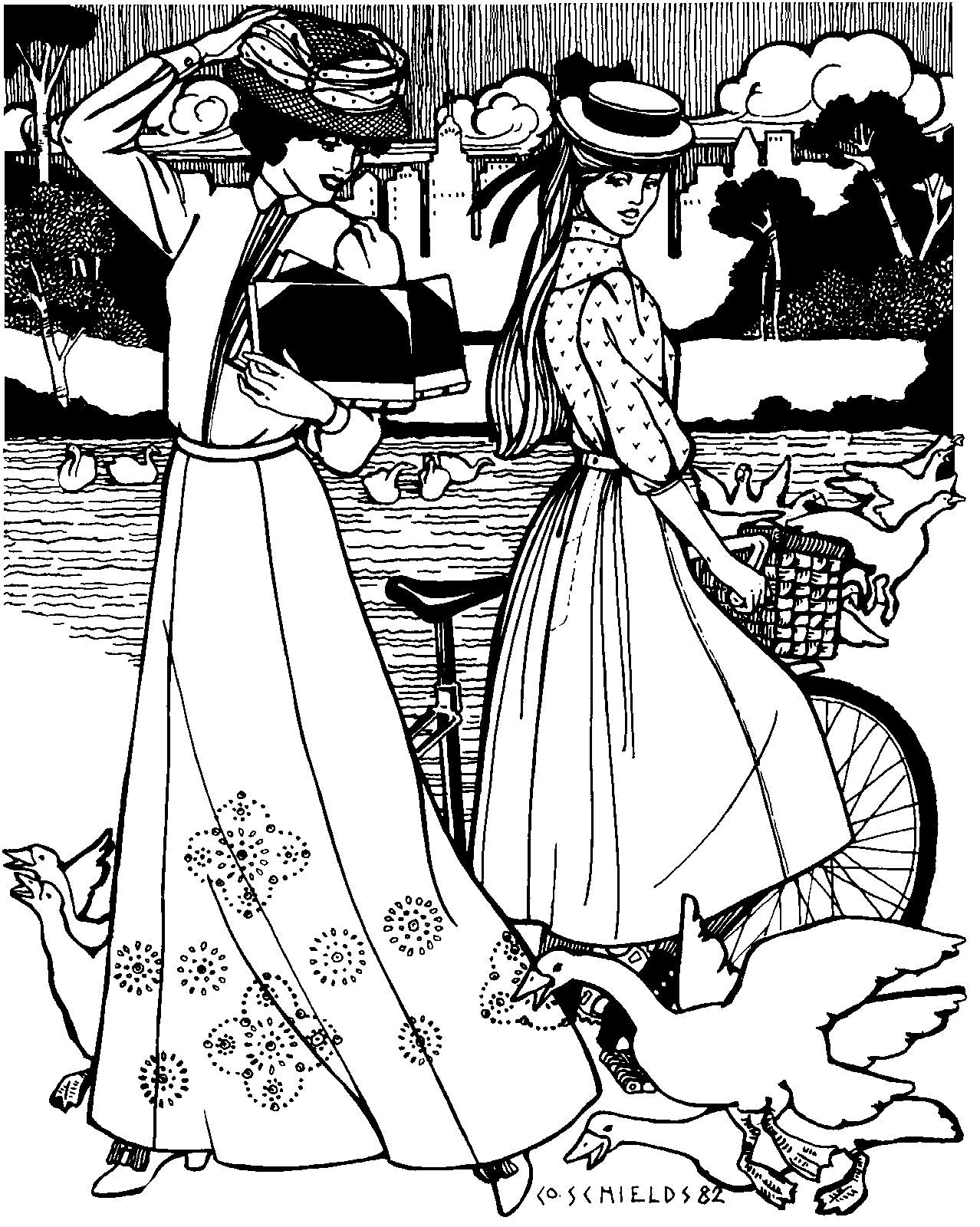 Black and white pen and ink drawing by Gretchen Schields. Two women one riding a bike the other walking with books in her hands books at the ducks surrounding their feet by a pond. Both women are wearing 209 Walking Skirt.