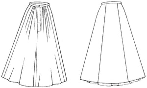 Black and white flat-line pattern drawings of front and back view of 209 Walking Skirt.