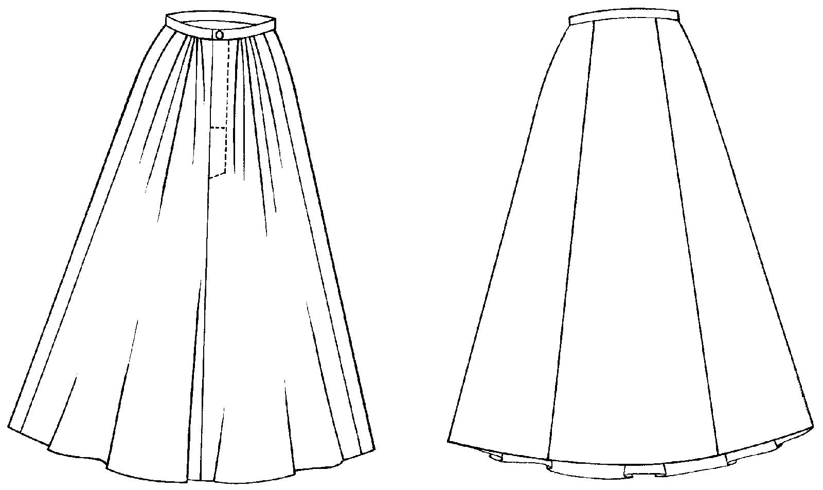 Black and white flat-line pattern drawings of front and back view of 209 Walking Skirt.