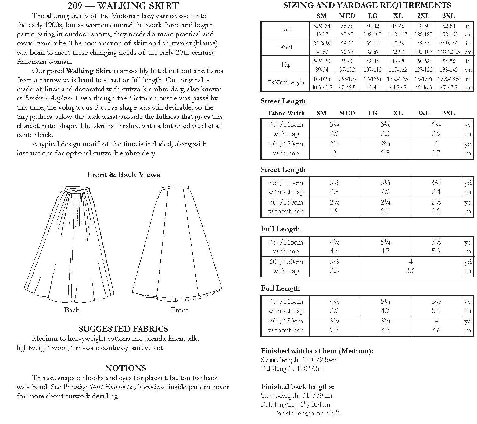 Photo of back cover showing yardage charts and size chart.  Fabric suggestions are included.