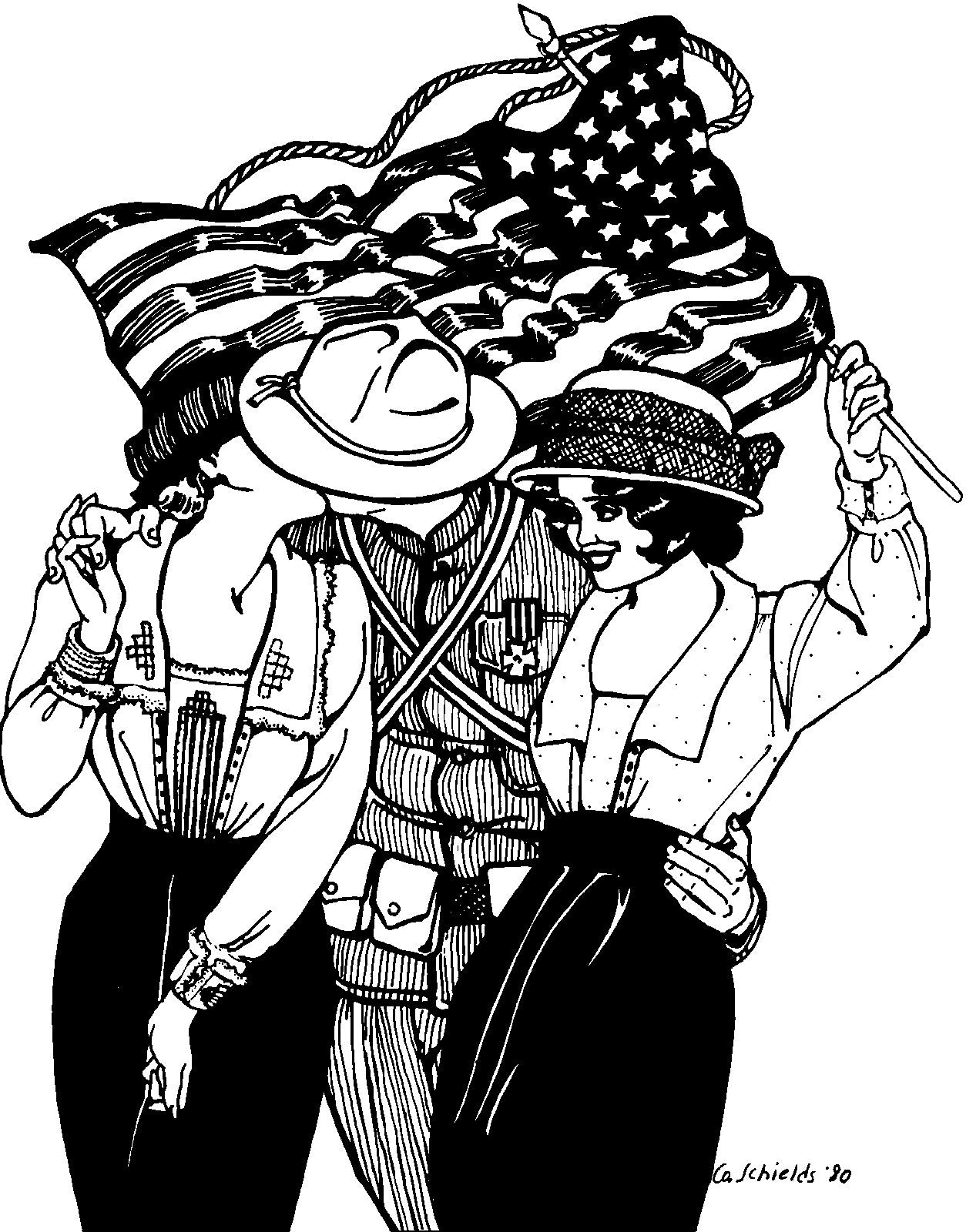 Black and white pen and ink drawing of a man kissing a woman and another woman standing with an American Flag in her hand waving in the background. Both women are wearing 210 Armistice Blouse.