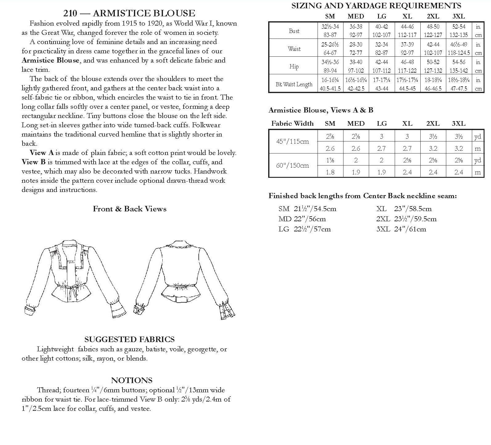 Photo of back cover showing yardage charts and size chart.  Fabric suggestions are included.