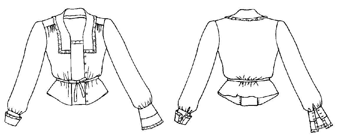 Black and white flat-line drawing of front and back view of 210 Armistice Blouse. 